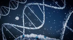 Grafik eines blau leuchtenden DNA-Strangs vor dunklem Hintergrund.